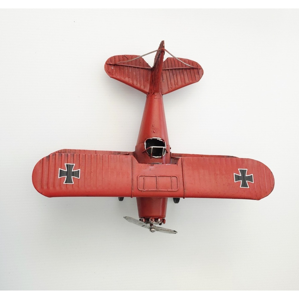 Metal WWI‎ Red Baron Decor Tin Bi-Plane Rustic Model Airplane